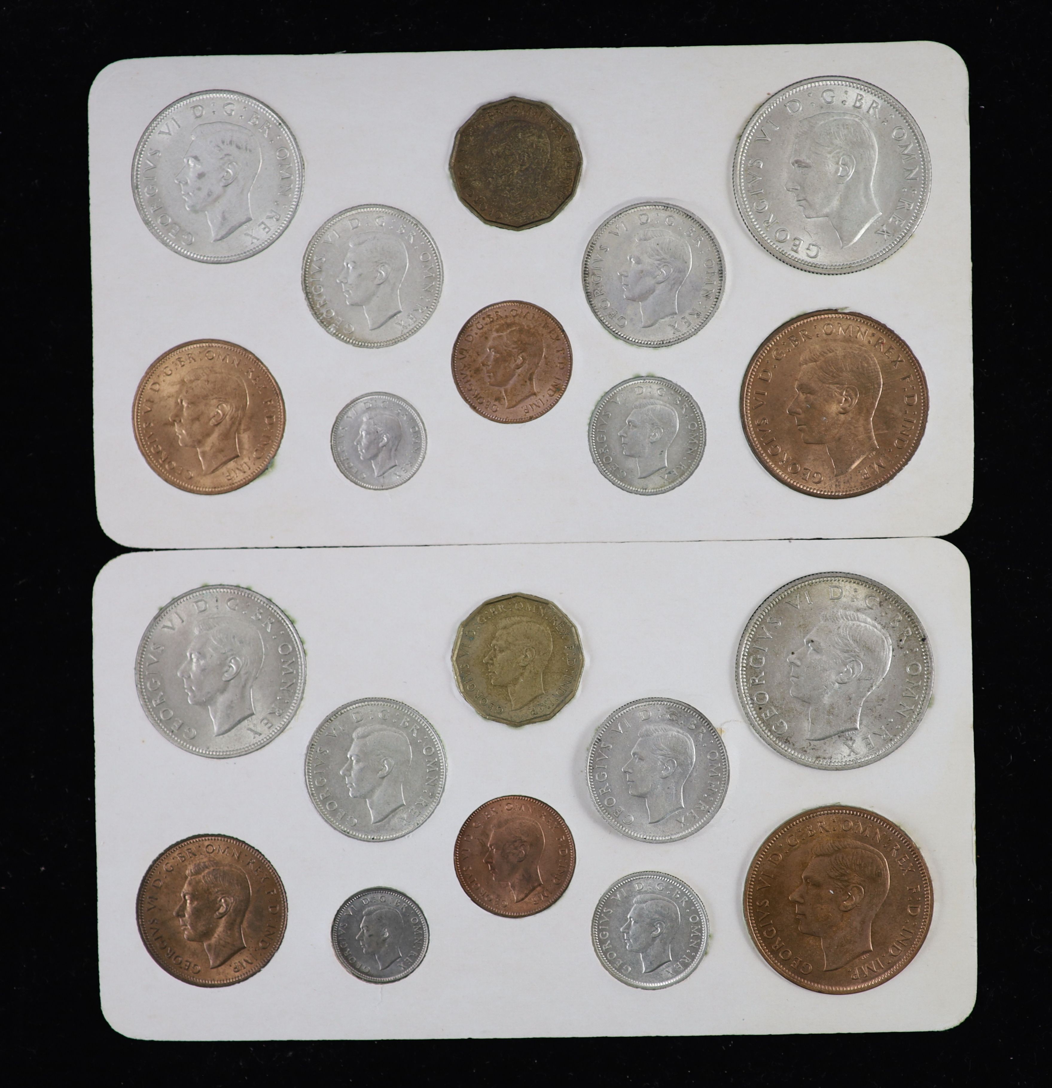 George VI specimen coin sets for 1938, 1939, 1940, 1941, 1942 and 1943, first coinage, the majority about EF or better